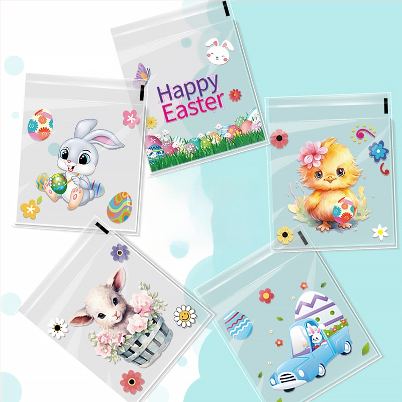 OPP lipnus dovanų maišelis su kiškučio ir Velykų kiaušinių raštu, plastinė pakuotė mažoms saldainiams — be logotipo, plokščio peilio pjovimas