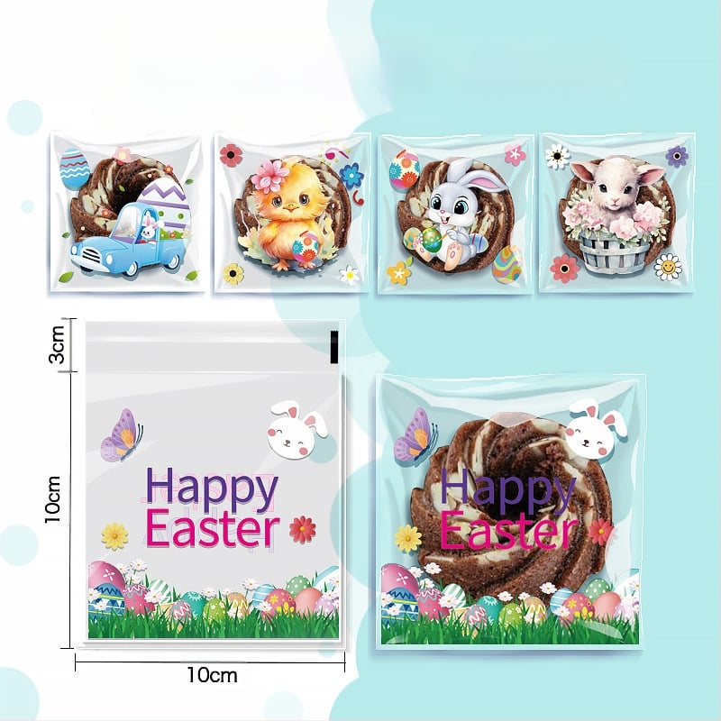 OPP lipnus dovanų maišelis su kiškučio ir Velykų kiaušinių raštu, plastinė pakuotė mažoms saldainiams — be logotipo, plokščio peilio pjovimas