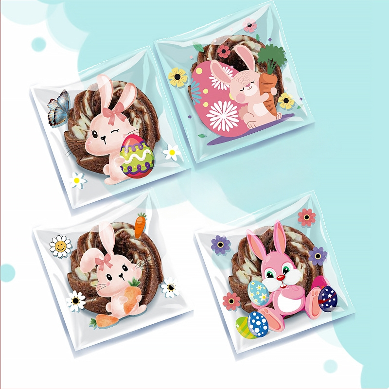 OPP lipnus dovanų maišelis su kiškučio ir Velykų kiaušinių raštu, plastinė pakuotė mažoms saldainiams — be logotipo, plokščio peilio pjovimas