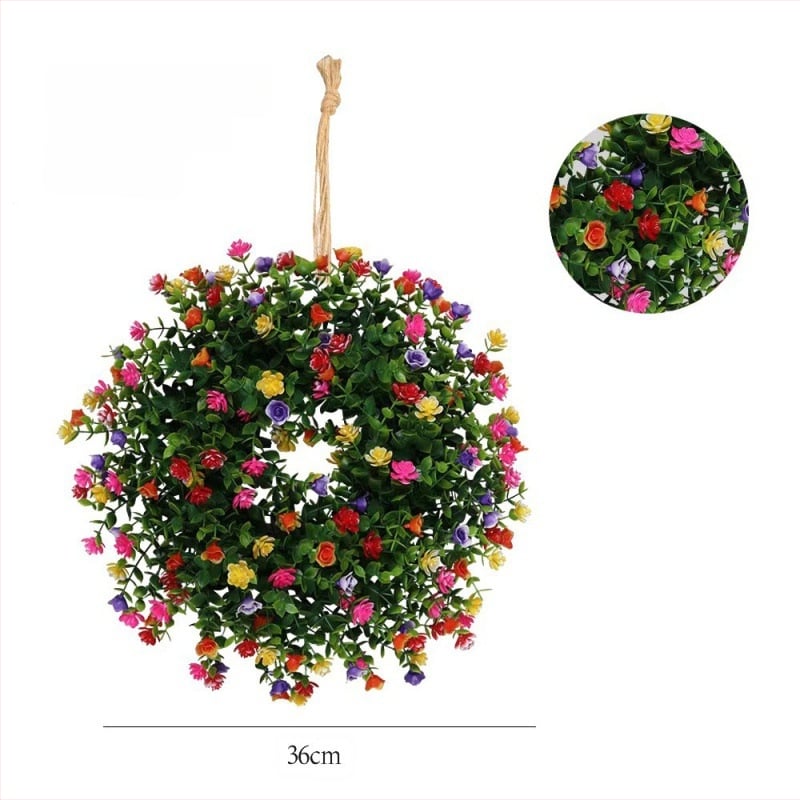 Mākslīgs eikalipta vainags durvīm, no plastmasas materiāla, izgatavots ar injekcijas formēšanu; piemērots kāzām, ārējai lietošanai, fotogrāfiju rekvizītiem un mājas noformēšanai.