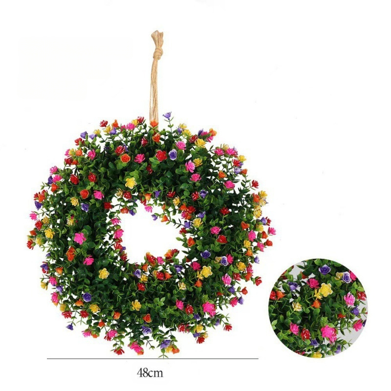 Mākslīgs eikalipta vainags durvīm, no plastmasas materiāla, izgatavots ar injekcijas formēšanu; piemērots kāzām, ārējai lietošanai, fotogrāfiju rekvizītiem un mājas noformēšanai.