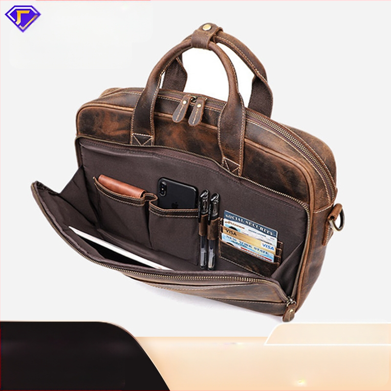 Verslo rankinė iš natūralios odos su Crazy Horse oda, vieno tono, poliesterio-pamudo pamušalas, atspari vandeniui, Fu Heng