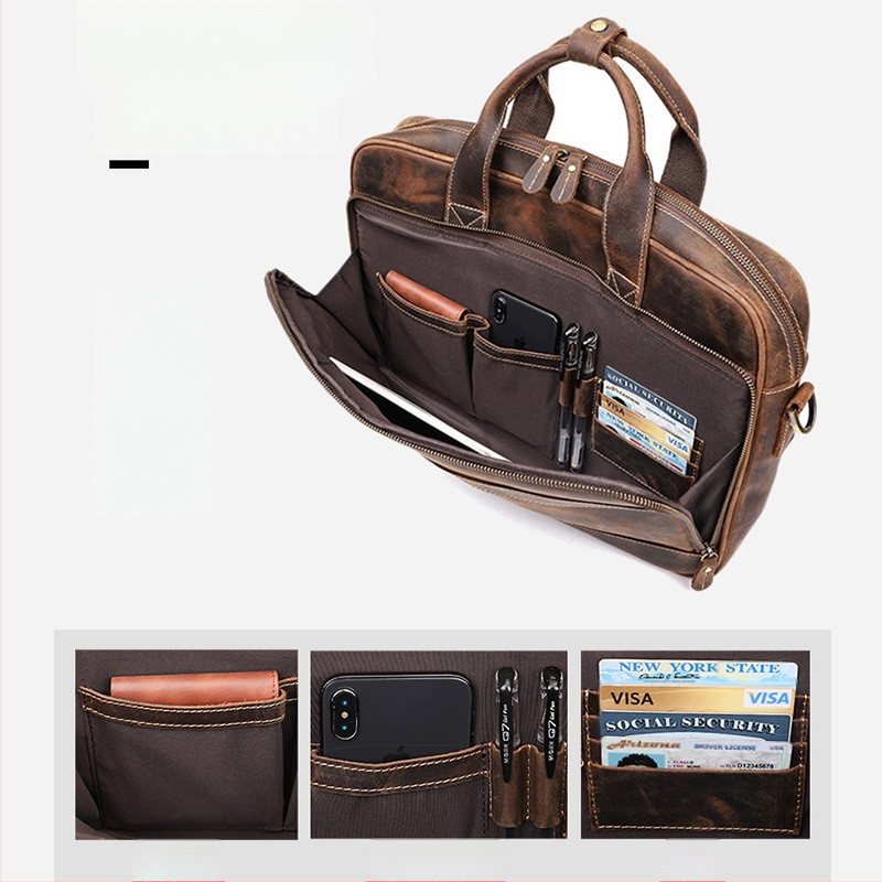 Verslo rankinė iš natūralios odos su Crazy Horse oda, vieno tono, poliesterio-pamudo pamušalas, atspari vandeniui, Fu Heng