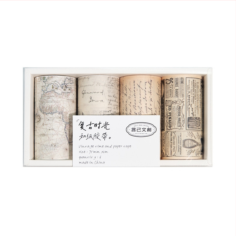 Papīra washi lente komplekts, retro laika sērija, angļu burtu kartes dizains, 4 ruļļi; garums 2 m; platums 75 mm; biezums 0,04 mm; substrāts: papīrs; zīmols Yu Xian