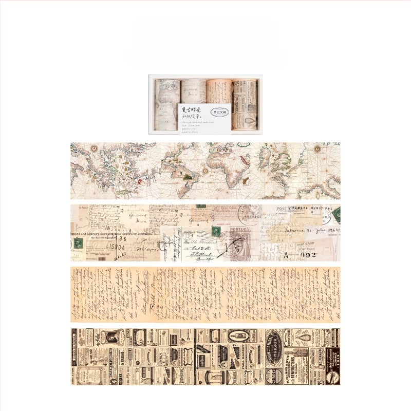 Papīra washi lente komplekts, retro laika sērija, angļu burtu kartes dizains, 4 ruļļi; garums 2 m; platums 75 mm; biezums 0,04 mm; substrāts: papīrs; zīmols Yu Xian