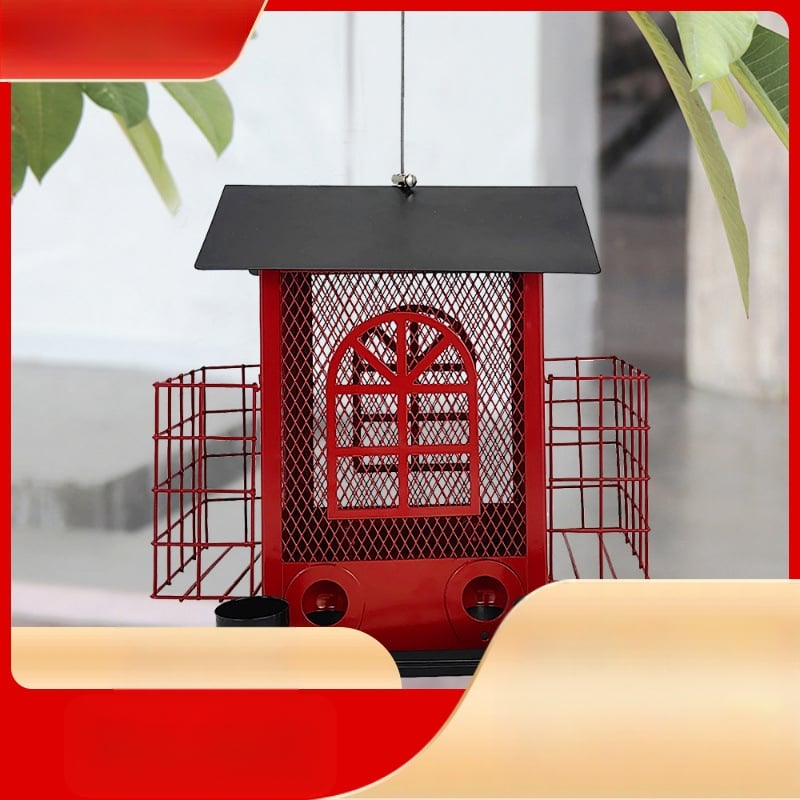 Kabantis metalinis lesyklė paukščiams su kelių tipų maisto dozatoriais, atsparus voverėms, lauko naudojimui