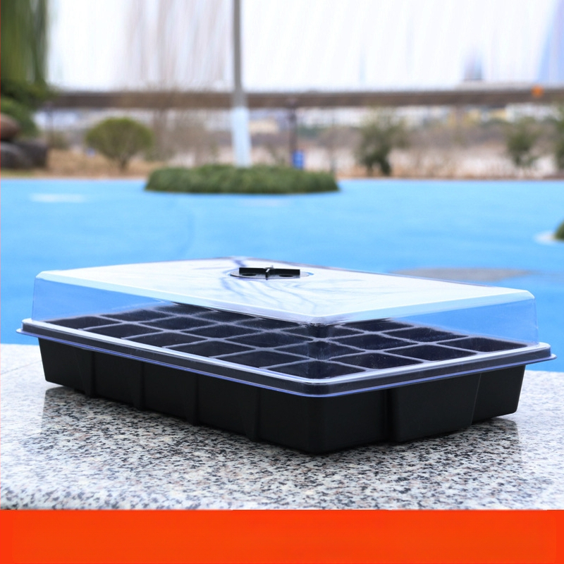 24 skylėmis dėklas sodinukams, apvaliu dangteliu, ventiliacijos angos, trijų dalių rinkinys, tvirta plastiko konstrukcija