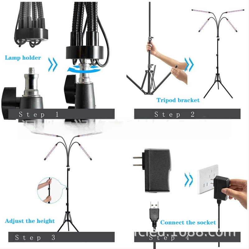 Vidaus augimo lempos su penkių vamzdelių laikikliu ir tripodu, pilnas spektras, nuotolinis valdymas; 100 LED, 1500 lm, IP44, PF 0.98