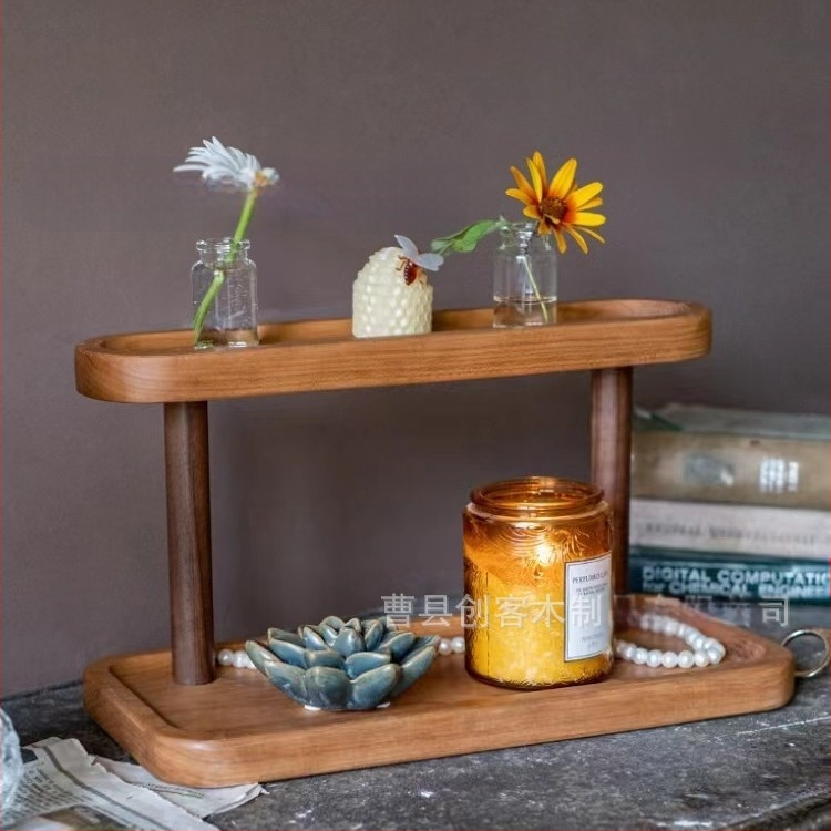 Ξύλινο επιτραπέζιο ράφι αποθήκευσης — διπλού επιπέδου, πολυλειτουργικός οργανωτής για καλλυντικά, αρώματα και κοσμήματα | Μοντέρνο μινιμαλιστικό στυλ