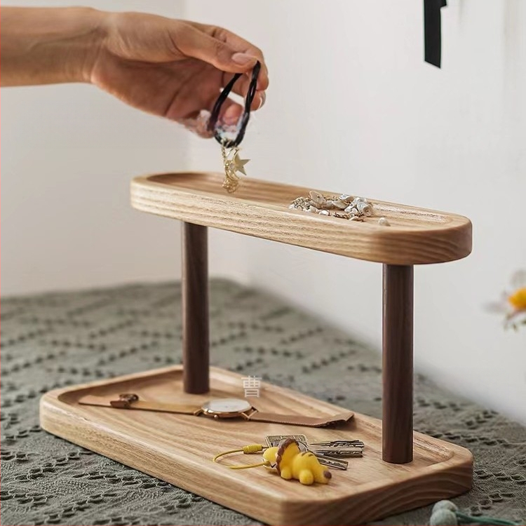 Ξύλινο επιτραπέζιο ράφι αποθήκευσης — διπλού επιπέδου, πολυλειτουργικός οργανωτής για καλλυντικά, αρώματα και κοσμήματα | Μοντέρνο μινιμαλιστικό στυλ