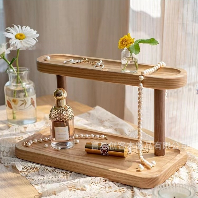 Ξύλινο επιτραπέζιο ράφι αποθήκευσης — διπλού επιπέδου, πολυλειτουργικός οργανωτής για καλλυντικά, αρώματα και κοσμήματα | Μοντέρνο μινιμαλιστικό στυλ