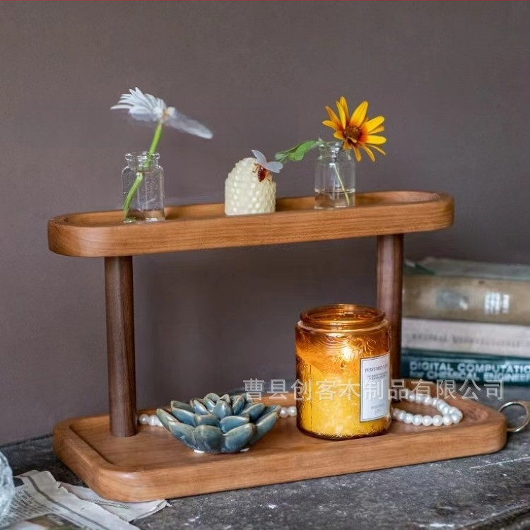 Ξύλινο επιτραπέζιο ράφι αποθήκευσης — διπλού επιπέδου, πολυλειτουργικός οργανωτής για καλλυντικά, αρώματα και κοσμήματα | Μοντέρνο μινιμαλιστικό στυλ