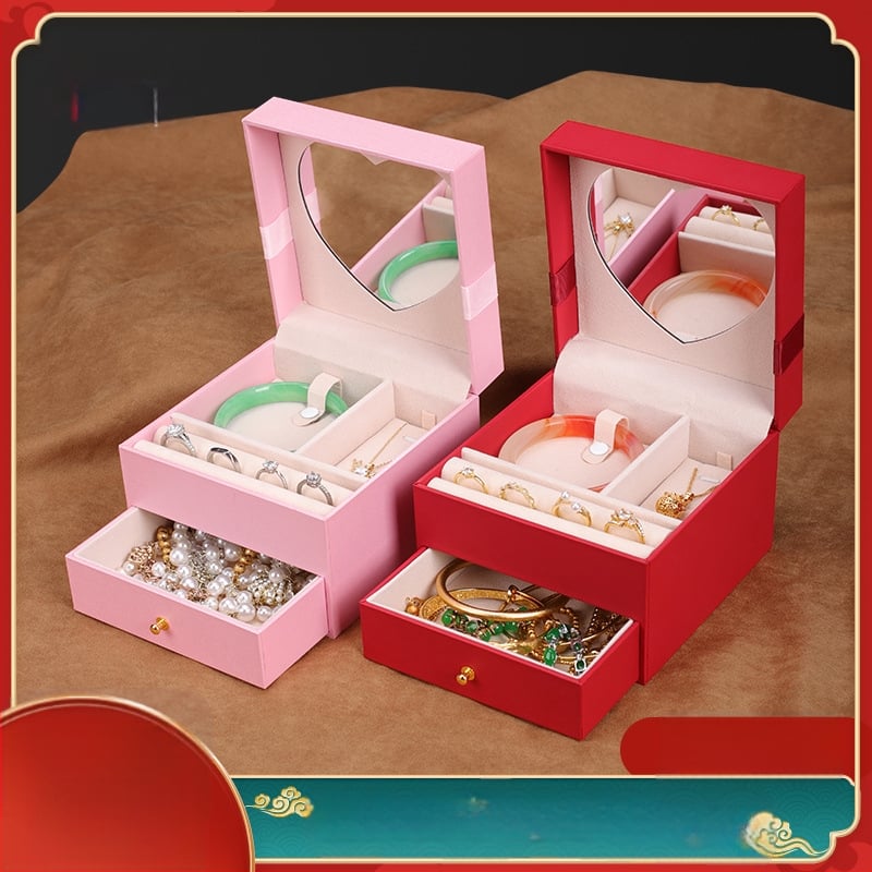 Širdies formos dviejų lygių juvelyrinių dėžučių su veidrodžiu ir stalčiumi, skirtų apyrankėms, karoloms ir žiedams laikyti | kompozitinės medžiagos, įpakavimo dėžutė