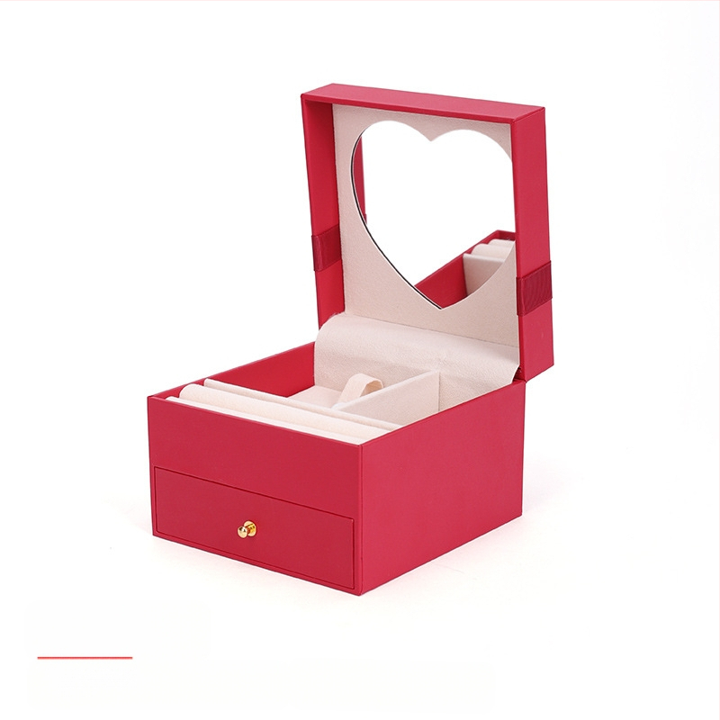 Širdies formos dviejų lygių juvelyrinių dėžučių su veidrodžiu ir stalčiumi, skirtų apyrankėms, karoloms ir žiedams laikyti | kompozitinės medžiagos, įpakavimo dėžutė