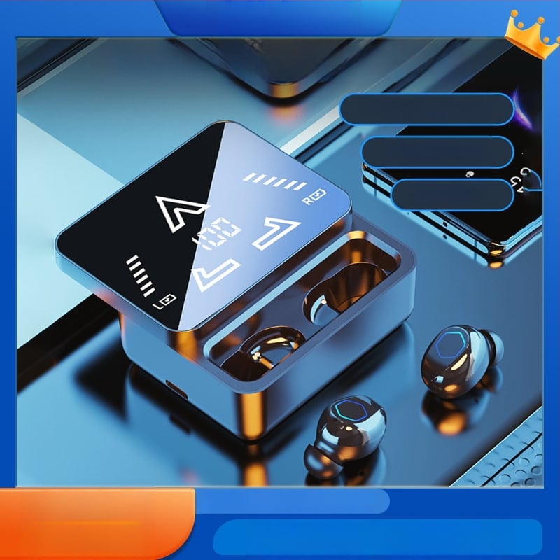 M48pro belaidės ausinės, dviejų ausų stereo su veidrodiniu paviršiumi ir slankiojančiu ekranu, Bluetooth 5.0, skaitmeninis ekranas, veikimo diapazonas iki 10 m, IPX4 atsparumas vandeniui, akumuliatoriaus veikimo laikas 4–8 val.