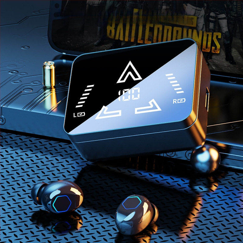 M48pro belaidės ausinės, dviejų ausų stereo su veidrodiniu paviršiumi ir slankiojančiu ekranu, Bluetooth 5.0, skaitmeninis ekranas, veikimo diapazonas iki 10 m, IPX4 atsparumas vandeniui, akumuliatoriaus veikimo laikas 4–8 val.