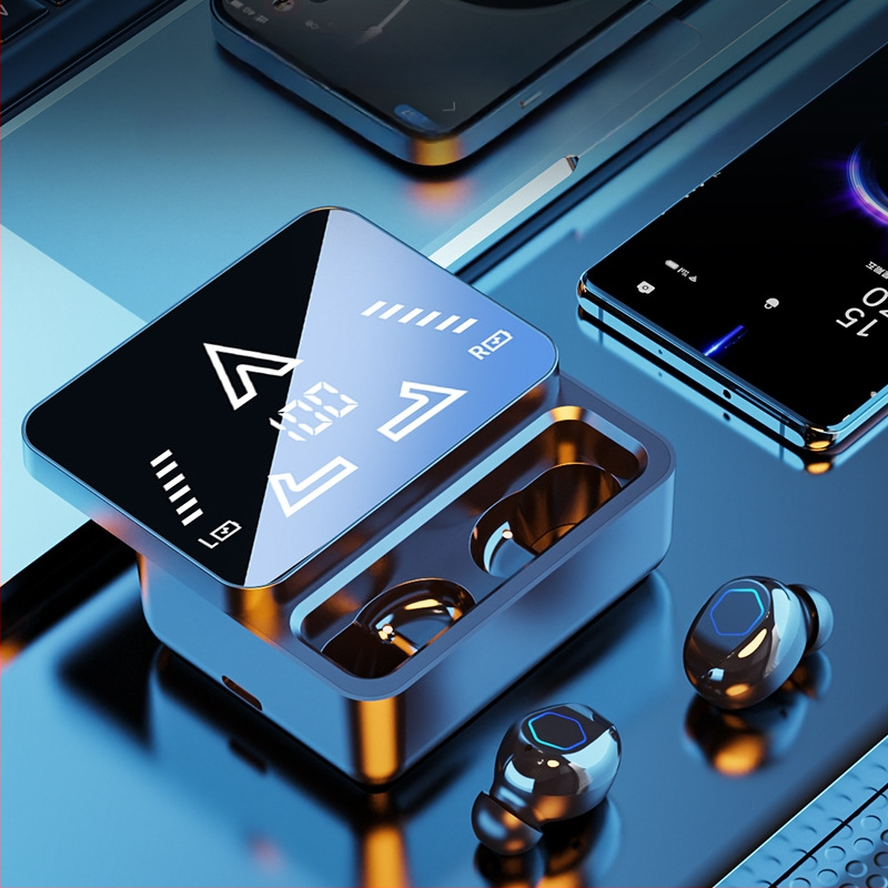 M48pro belaidės ausinės, dviejų ausų stereo su veidrodiniu paviršiumi ir slankiojančiu ekranu, Bluetooth 5.0, skaitmeninis ekranas, veikimo diapazonas iki 10 m, IPX4 atsparumas vandeniui, akumuliatoriaus veikimo laikas 4–8 val.