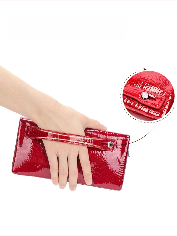 Дамски дълъг портфейл от естествена кожа, лакована кожа с крокодилен модел, голям капацитет, множество отделения за карти, водоустойчив