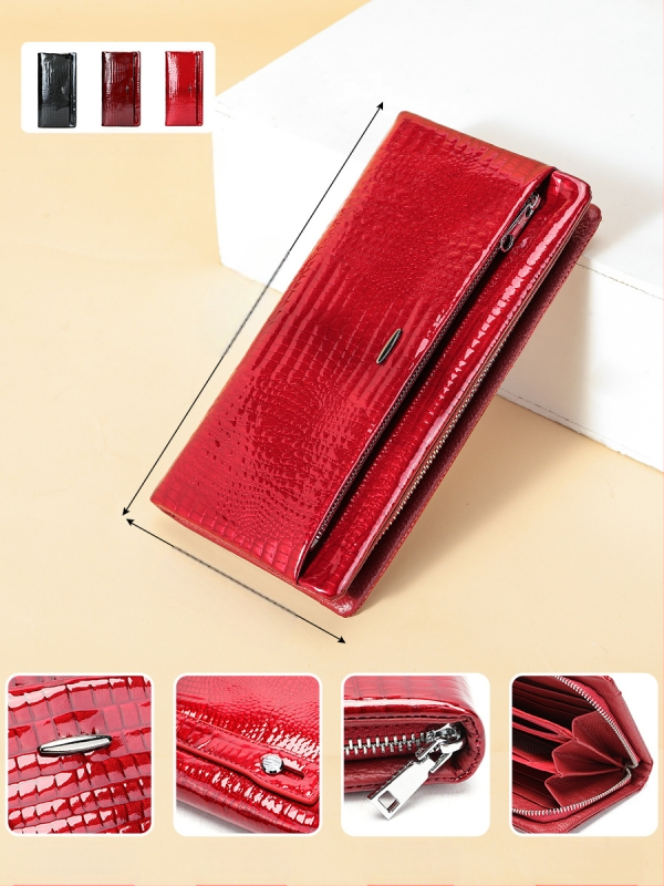 Дамски дълъг портфейл от естествена кожа, лакована кожа с крокодилен модел, голям капацитет, множество отделения за карти, водоустойчив
