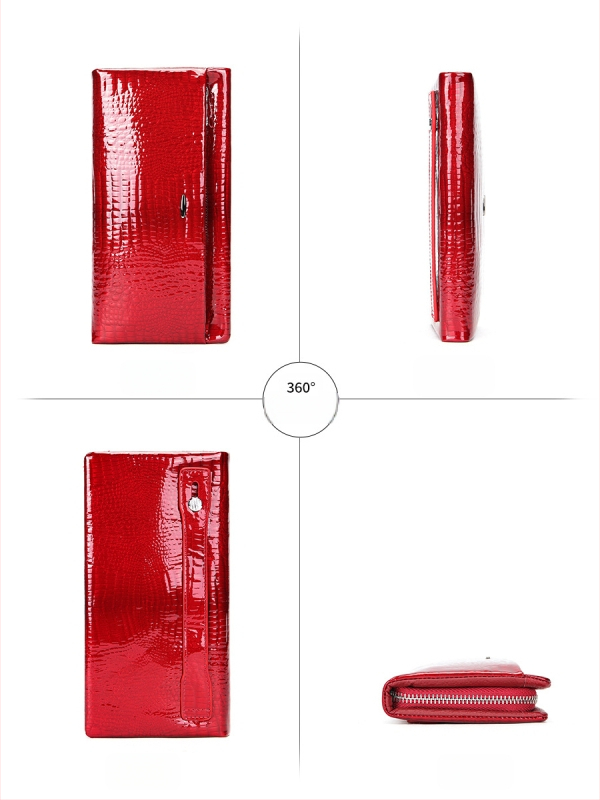 Дамски дълъг портфейл от естествена кожа, лакована кожа с крокодилен модел, голям капацитет, множество отделения за карти, водоустойчив