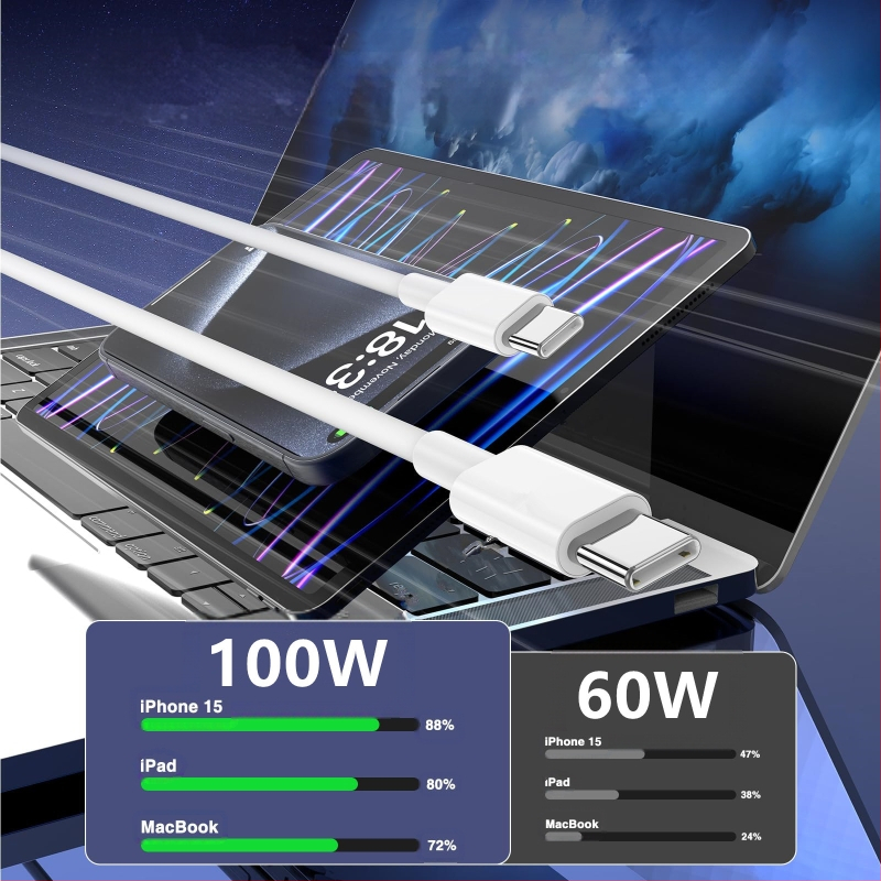 USB-C duomenų kabelis greitam įkrovimui, 100W, TPE medžiaga, vienos galvos dizainas