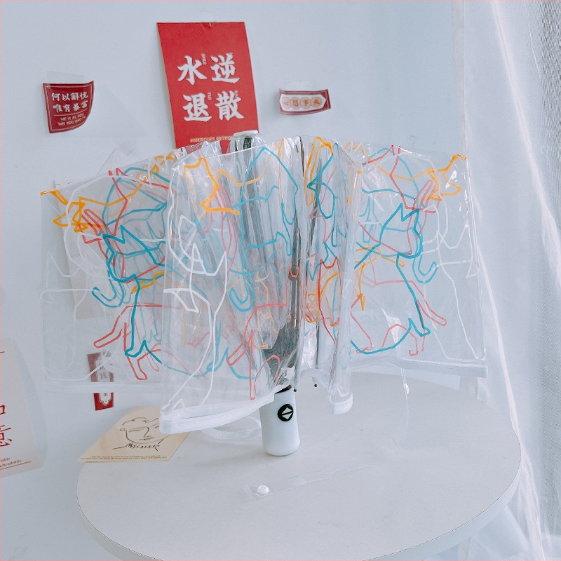 Skaidrus sulankstomas skėtis su automatinio atidarymo, geležies rėmas, plastikinė rankena, 190T poliesteris, 8 ribos