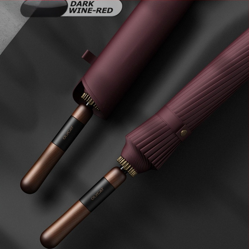 Olycat skėtis su medine rankena ir 24 šereliai, sustiprintas rėmas, vėjo atsparus, ilga tiesi rankena, pusiau automatinis atidarymas, vyriškas verslo skėtis