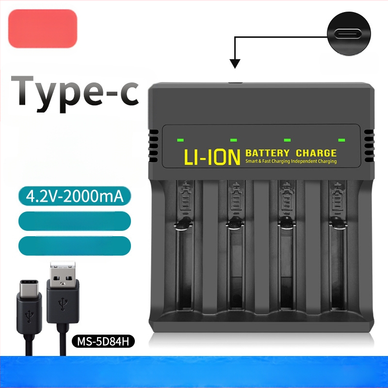 USB зарядно за литиеви батерии с четири слота — интелигентно зареждане, Type-C интерфейс, вход 5V, изход 4.2V/2A, поддържа 18650, 26650, 21700, 14500, 16340, 18500, 18350, 16650.