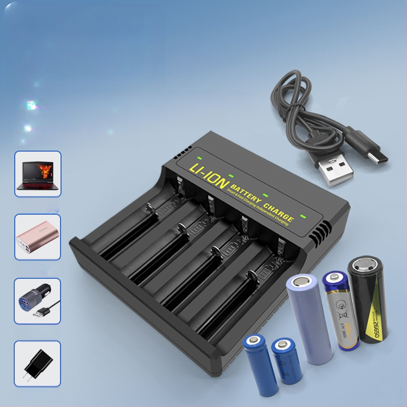 USB зарядно за литиеви батерии с четири слота — интелигентно зареждане, Type-C интерфейс, вход 5V, изход 4.2V/2A, поддържа 18650, 26650, 21700, 14500, 16340, 18500, 18350, 16650.