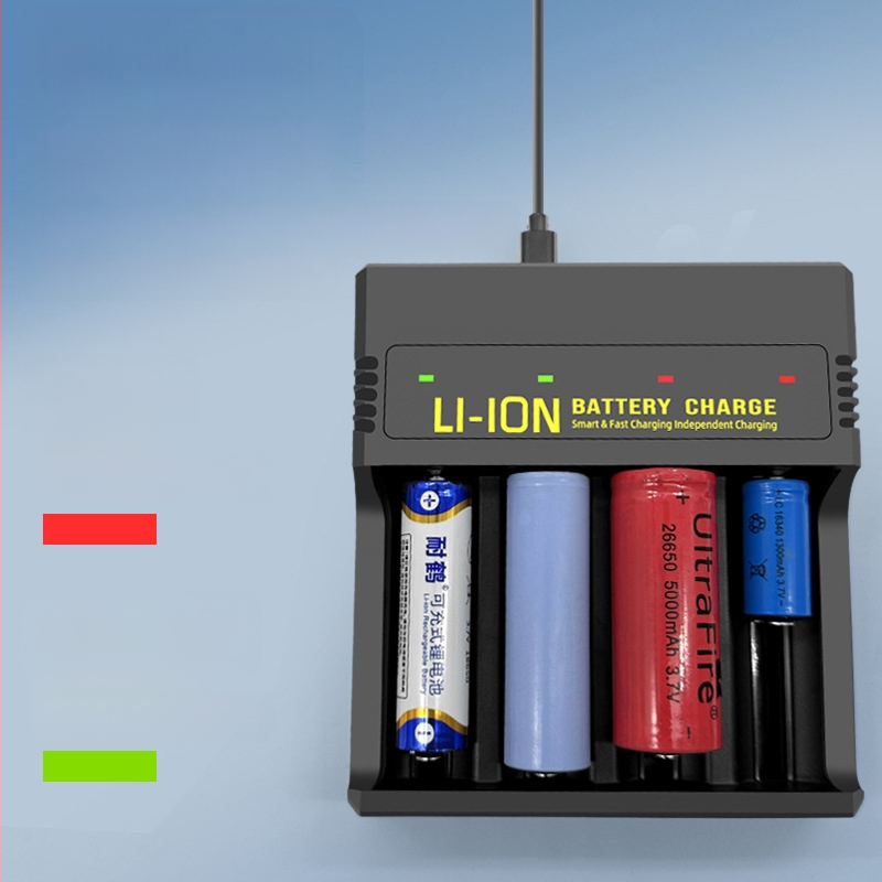 USB зарядно за литиеви батерии с четири слота — интелигентно зареждане, Type-C интерфейс, вход 5V, изход 4.2V/2A, поддържа 18650, 26650, 21700, 14500, 16340, 18500, 18350, 16650.