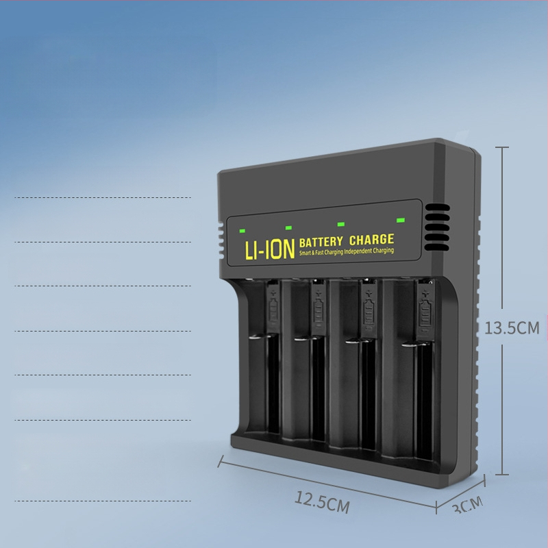 USB зарядно за литиеви батерии с четири слота — интелигентно зареждане, Type-C интерфейс, вход 5V, изход 4.2V/2A, поддържа 18650, 26650, 21700, 14500, 16340, 18500, 18350, 16650.