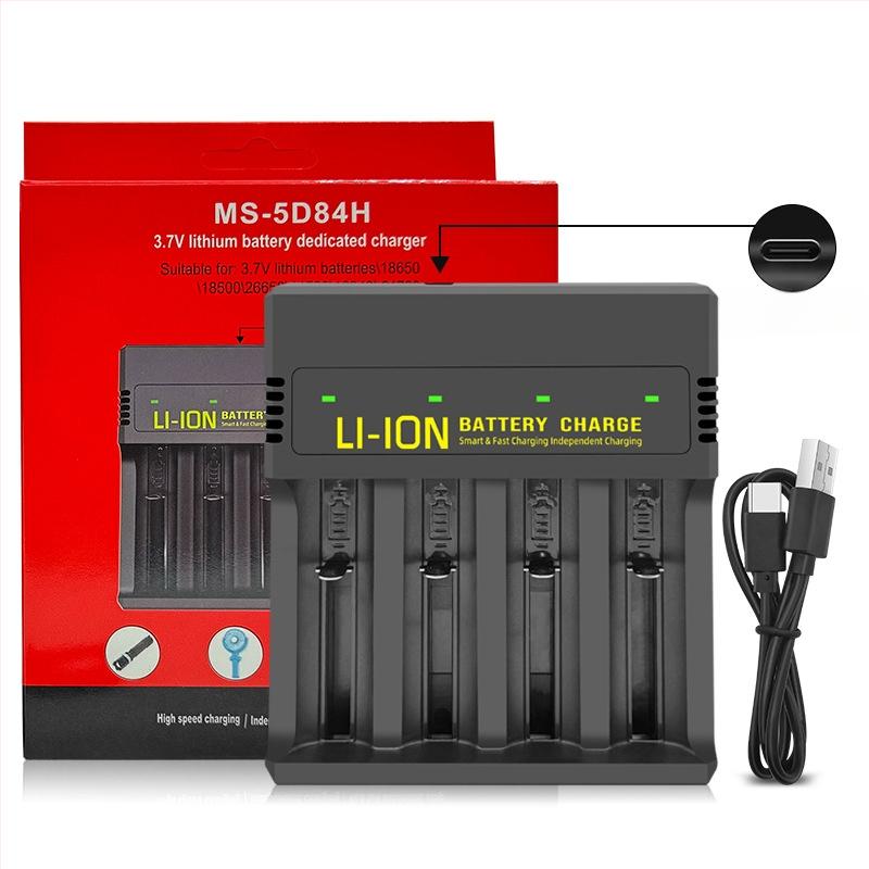 USB зарядно за литиеви батерии с четири слота — интелигентно зареждане, Type-C интерфейс, вход 5V, изход 4.2V/2A, поддържа 18650, 26650, 21700, 14500, 16340, 18500, 18350, 16650.