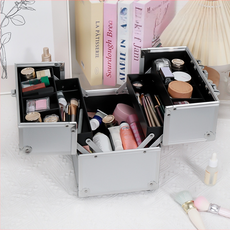 Aliuminio lydinio kosmetikos dėklas su užraktu, ultralengvas, vienos krypties ratuku, didelė talpa grožiui ir manikiūrui