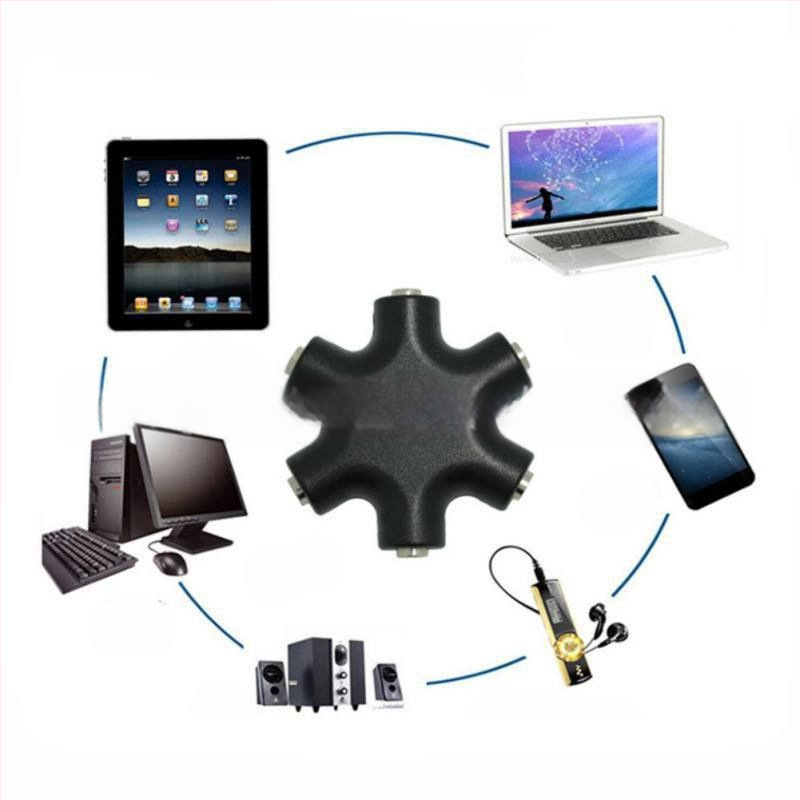 Šešiakampis ausinių skirstytuvas garso dalijimui tarp skaitmeninių įrenginių — prekės ženklas: Neutral; modelis: Hexagonal earphone splitter; suderinamas su skaitmeniniais įrenginiais; svoris: 0.06