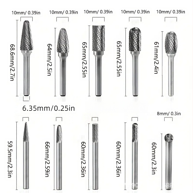 10 vnt volframo karbido burrų rinkinys, dvigubo pjovimo, kietasis karbidas, skirtas rotaciniams įrankiams
