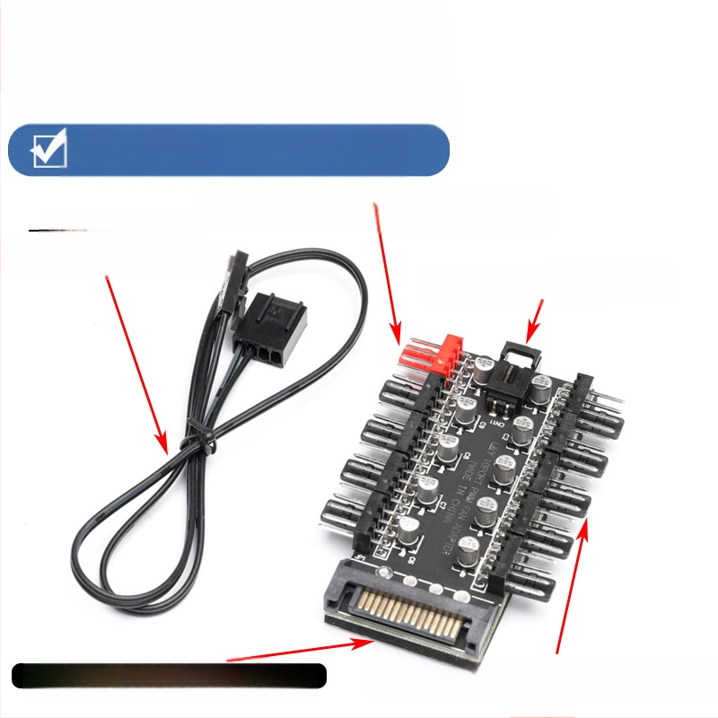 Хъб за вентилатори, 10-канален интелигентен контрол на температурата, 4-пинов PWM, захранване чрез SATA, OEM готов