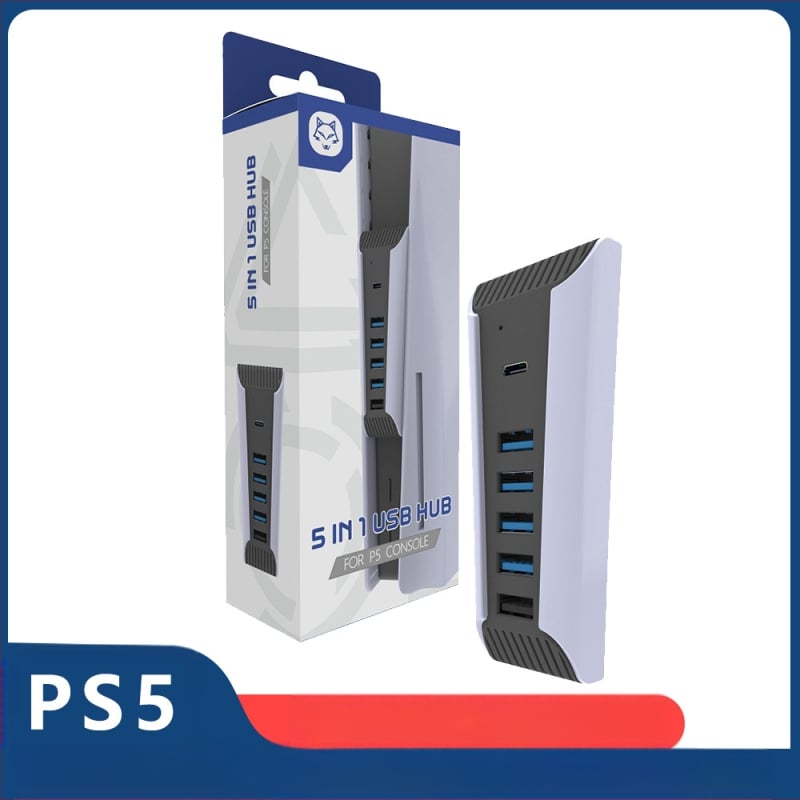 PS5 USB hub plėtinys su 4 USB 2.0 prievitais, 1 USB 3.0 prievitu ir 1 USB-C prievitu; be išorinio maitinimo; svoris 52,3 g