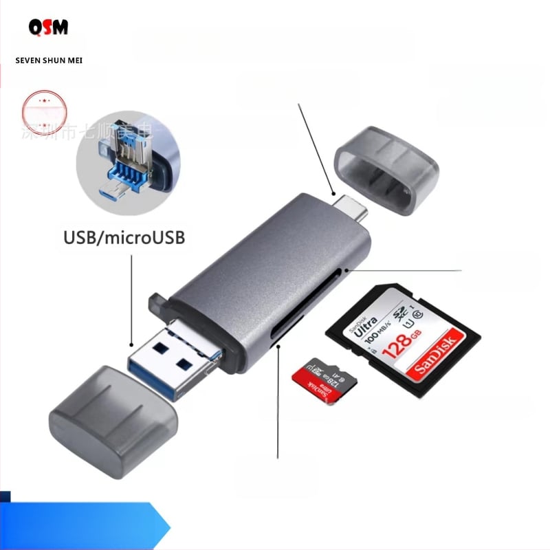 Penki iš vieno OTG skaitytuvas kortelėms, aliuminio lydinys, SD/TF palaikymas, USB 2.0 Type-C/Mikro, 15 g