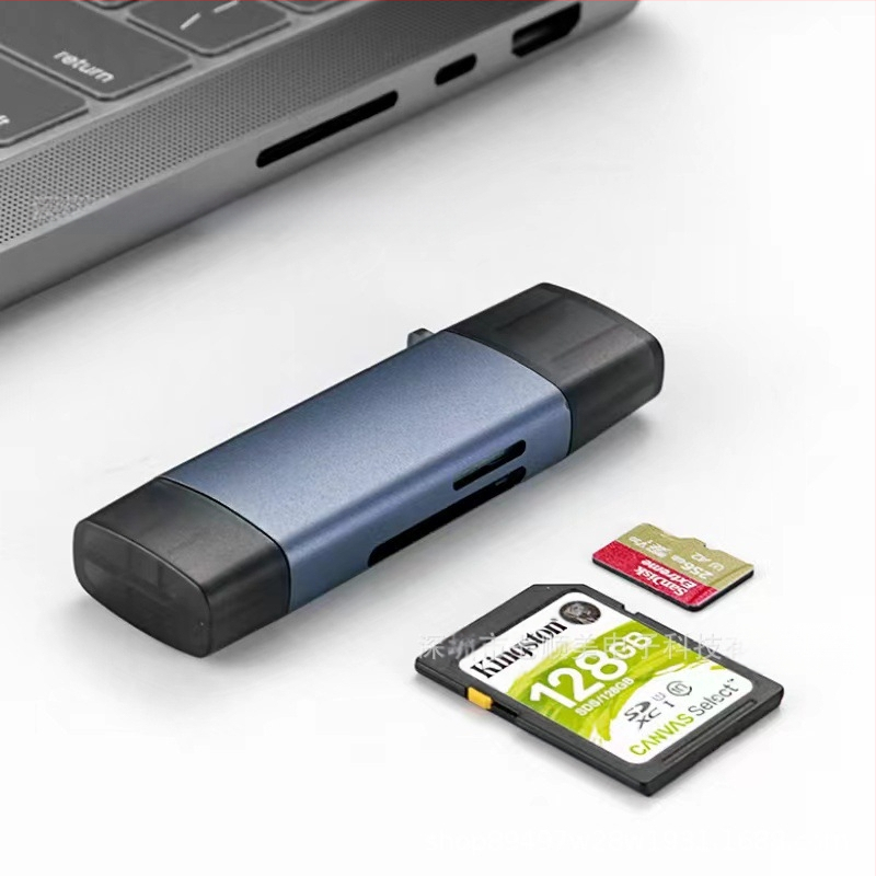 Penki iš vieno OTG skaitytuvas kortelėms, aliuminio lydinys, SD/TF palaikymas, USB 2.0 Type-C/Mikro, 15 g