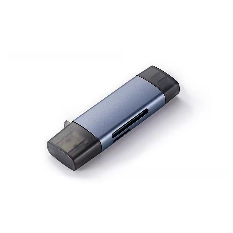 Penki iš vieno OTG skaitytuvas kortelėms, aliuminio lydinys, SD/TF palaikymas, USB 2.0 Type-C/Mikro, 15 g