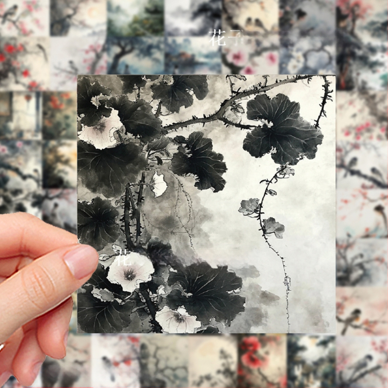 Σετ αυτοκόλλητων 62 τεμάχια: τοπία και φιγούρες σε στιλ μελάνης, αντίκα εικονογράφηση, PVC υλικό, αυτοκόλλητα με εκτύπωση, λογότυπο εκτυπωμένο, μάρκα Su Ye