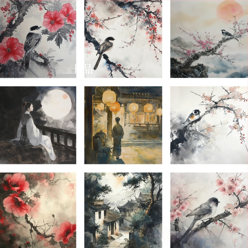 Σετ αυτοκόλλητων 62 τεμάχια: τοπία και φιγούρες σε στιλ μελάνης, αντίκα εικονογράφηση, PVC υλικό, αυτοκόλλητα με εκτύπωση, λογότυπο εκτυπωμένο, μάρκα Su Ye