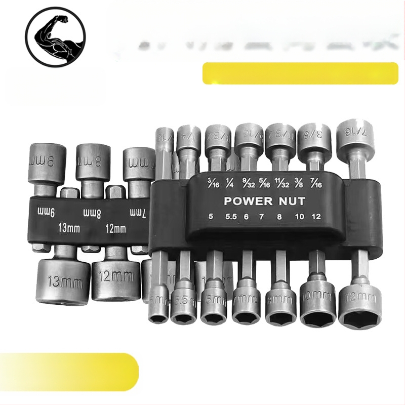 Set šestougaonih glava za bušilicu i odvijač, krom-vanadij čelik, premazana površina, tip: ključ s glavom