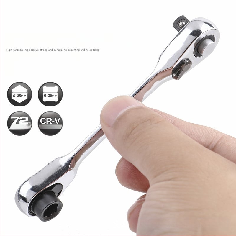 Mini veržlė su 1/4 colio kvadratine pavara, dvipusė, kvadratinė galva, chromo-vanadžio plienas, poliruota chromo danga