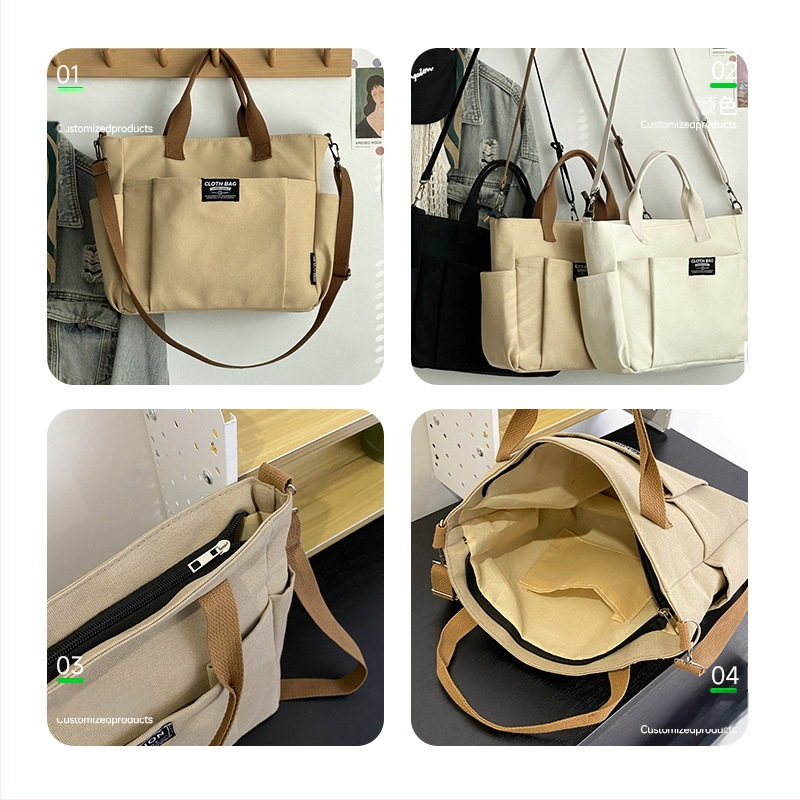 Tote rankinė iš storesnio audinio, didelė talpa, keli kišenės, vieno pečių/crossbody stilius, logotipas spausdintas termotransferu, Guangzhou kilmė