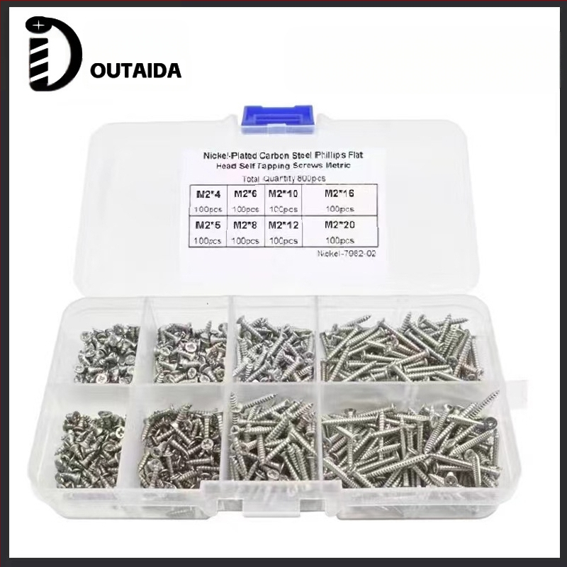 Outaida savęs srieginių varžtų rinkinys – 800 vnt., konuso formos galva, nikelio danga, anglies plienas Q235, GB846