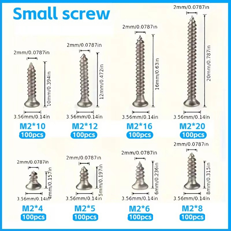 Outaida savęs srieginių varžtų rinkinys – 800 vnt., konuso formos galva, nikelio danga, anglies plienas Q235, GB846