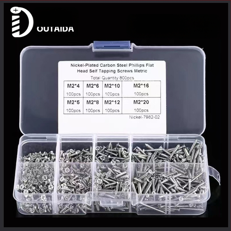 Outaida savęs srieginių varžtų rinkinys – 800 vnt., konuso formos galva, nikelio danga, anglies plienas Q235, GB846