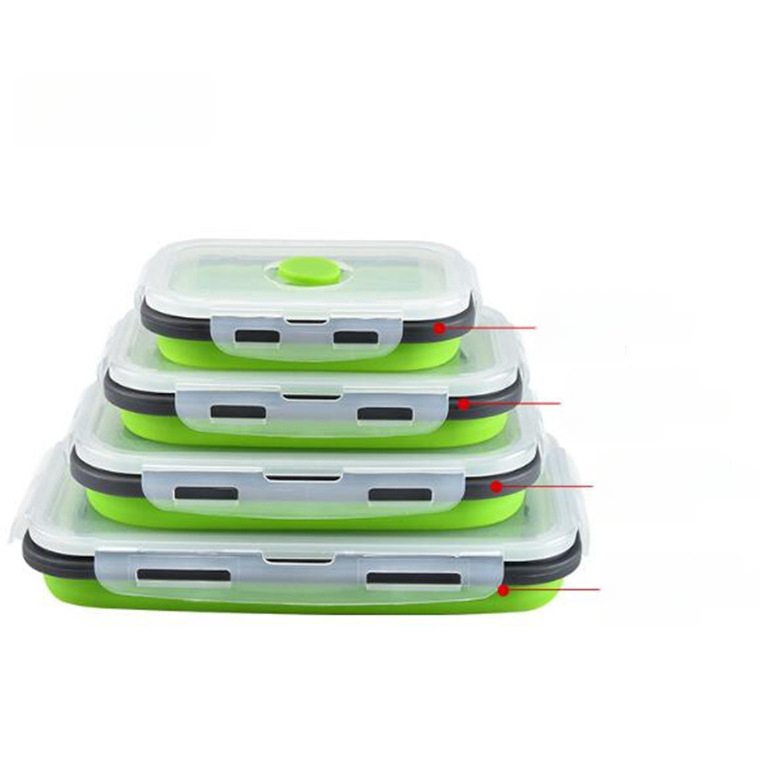 Kvadrātveida silikona saliekamā pusdienu kastīte, materiāls silikons un PP, mikroviļņu krāsns droša, tilpums 301-500ml / 501-800ml / 800-1000ml, uzglabāšanai un svaiguma saglabāšanai
