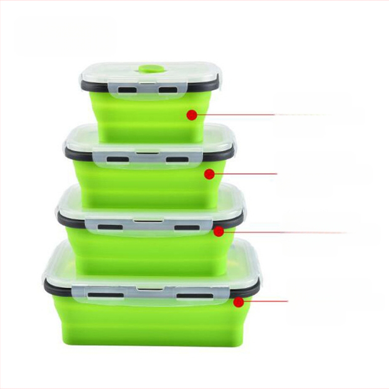 Kvadrātveida silikona saliekamā pusdienu kastīte, materiāls silikons un PP, mikroviļņu krāsns droša, tilpums 301-500ml / 501-800ml / 800-1000ml, uzglabāšanai un svaiguma saglabāšanai